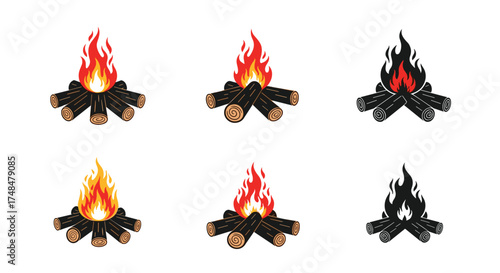 Set of six campfires in different colors and styles.