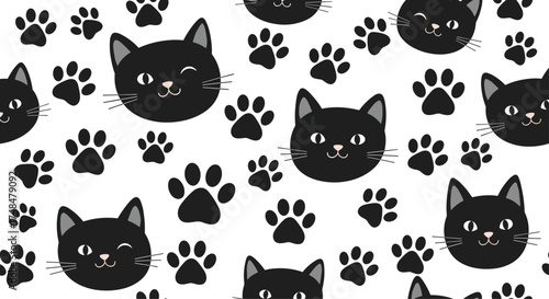 Cute black cats and paw prints seamless pattern.