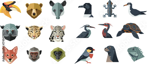 A vibrant collection of diverse wild animal heads and full body illustrations, presented in a modern geometric vector art style, isolated on white.