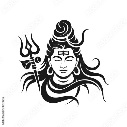 Illustration of Lord Shiva meditating with Trishul vector black and white