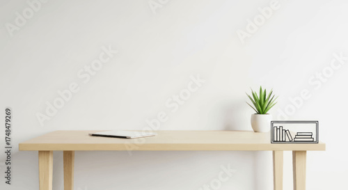 Minimalist wooden desk setup with a small potted plant book holder and notebook against a clean white wall.