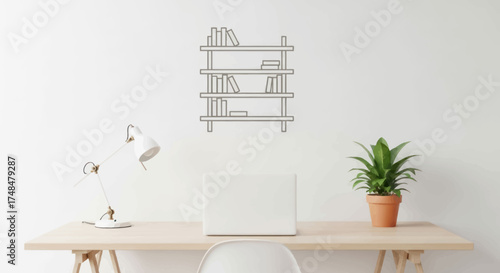 Minimalist Desk Setup with Bookshelf and Potted Plant.