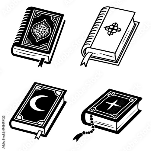 Four black silhouette holy books with religious symbols