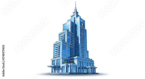 Modern Blue Glass Skyscraper Building with Spire and Multiple Sections.