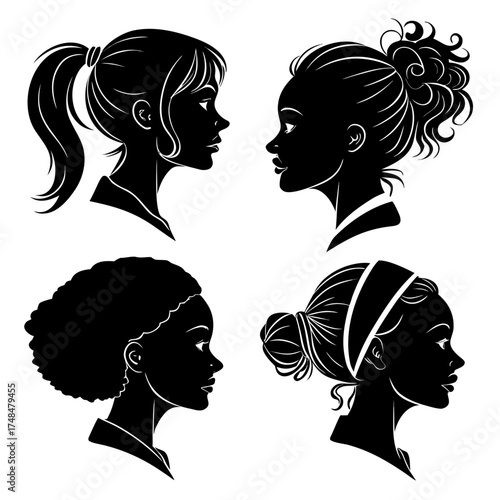 Four black silhouette profile portraits of women with diverse hairstyles