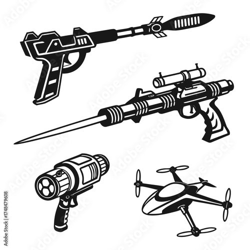 Four black silhouette vector designs of futuristic weaponry and drone