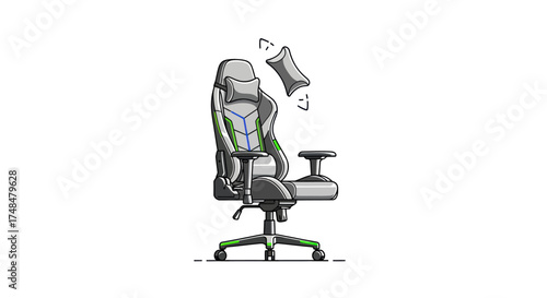 Comfortable Gaming Chair with Green Accents and Adjustable Pillow.