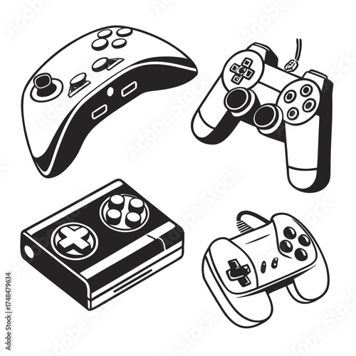Four black silhouette vector designs of game controllers 1