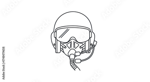 Detailed Line Art Illustration of a Pilots Helmet with Visor and Oxygen Mask.