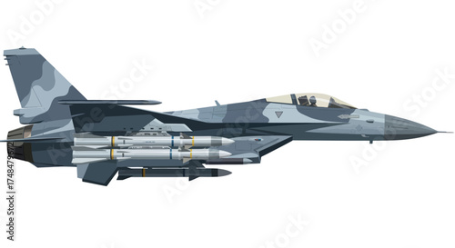 Modern Military Fighter Jet with Camouflage Paint and Missiles.