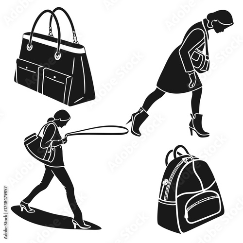 Four black silhouette vector designs of handbags and women