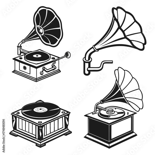 Four black silhouette vector designs of vintage gramophones