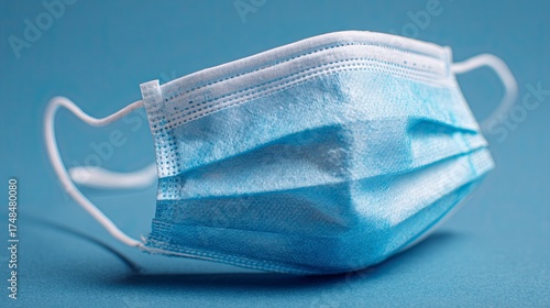Blue Surgical Face Mask Lying on Light Blue Surface in Close Up