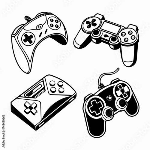 Four black silhouette video game controllers on white
