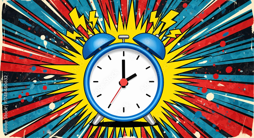 Fototapeta premium Dynamic pop art comic style alarm clock on an explosion background. Retro ringing vector for a wake up concept