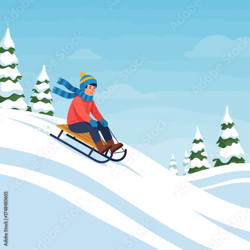 A young person in winter clothes joyfully sledding down a snow-covered hill surrounded by evergreen trees.