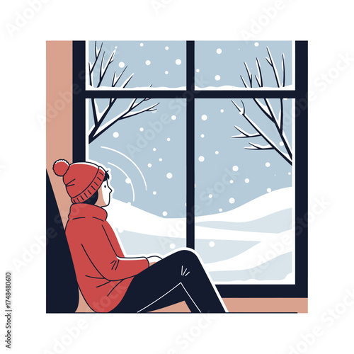A person wearing a red beanie and sweater sits indoors, looking out a window at a snowy winter landscape.