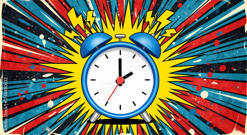 Dynamic pop art comic style alarm clock on an explosion background. Retro ringing vector for a wake up concept
