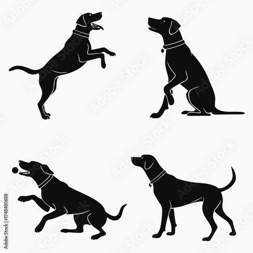 Four black dog silhouettes in various poses animal 1