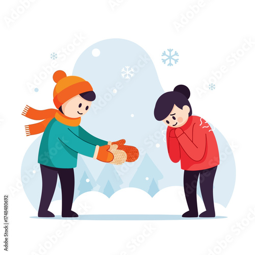A kind boy offers a pair of warm mittens to a cold girl in a snowy winter scene.