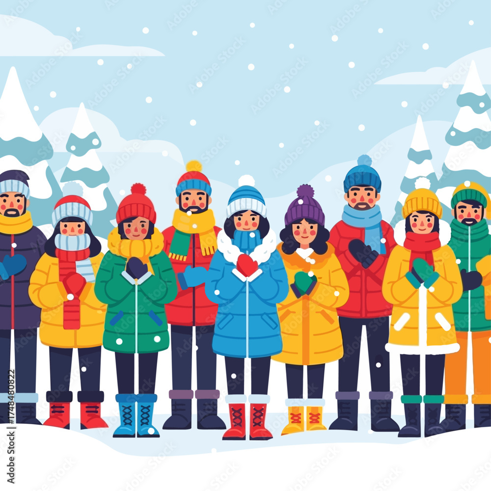 Fototapeta premium A diverse group of people wearing colorful warm winter clothes and standing together in a snowy landscape.