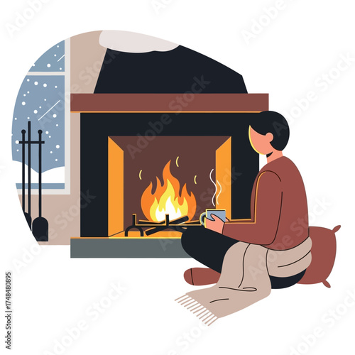 A person sits by a cozy fireplace with a warm drink, watching the snow fall outside during winter.