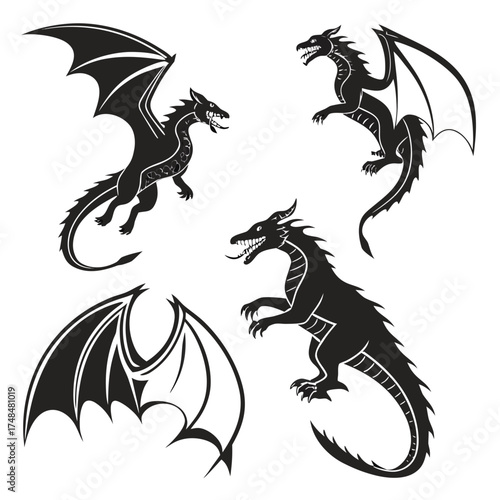 Four black silhouette dragon designs with wings white