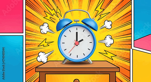 Ringing alarm clock with retro design in pop art comic style, comic explosion background for a wake up concept