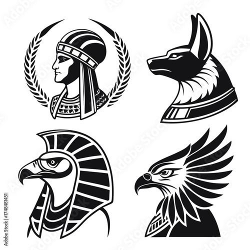 Four black silhouette vector designs of Egyptian gods and animals