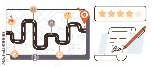 Winding path with milestones, target marker, star ratings, and signed contract. Ideal for planning, goal-setting, achievement, evaluation strategy progress and workflow concepts. Simple flat