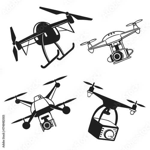 Four drone illustrations in black and white quadcopter
