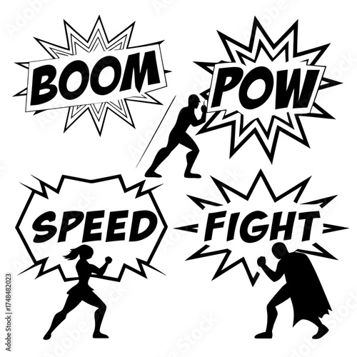 Black comic book action words and silhouettes boom