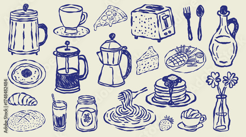 Hand-drawn vector illustration of a set of kitchen utensils and cutlery icons for food and drink design
