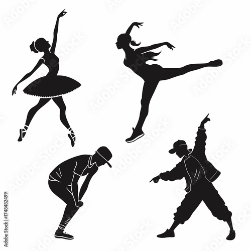 Four black silhouette dancers ballet hip hop poses