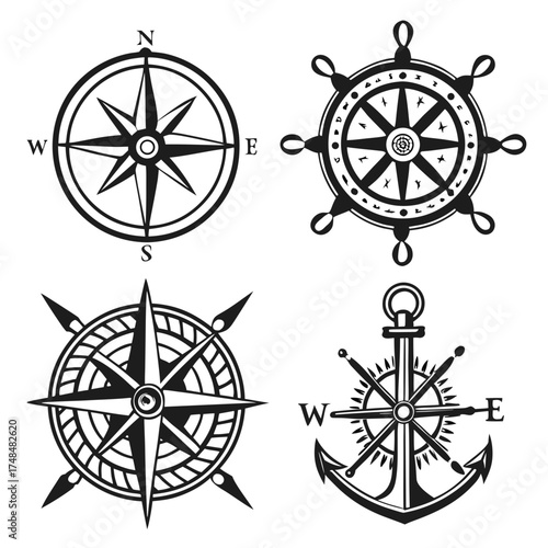 Four black silhouette nautical symbols compasses and anchor