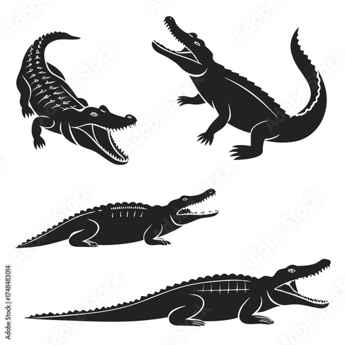 Four black silhouette vector designs of crocodiles with open mouths
