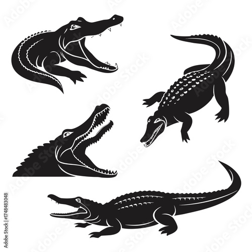 Four black silhouette vector designs of crocodiles