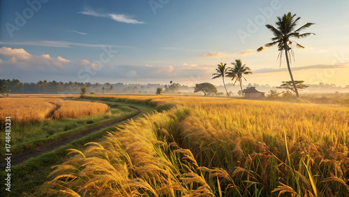 Sunset over a golden wheat field where summer sky meets countryside landscape and farm agriculture