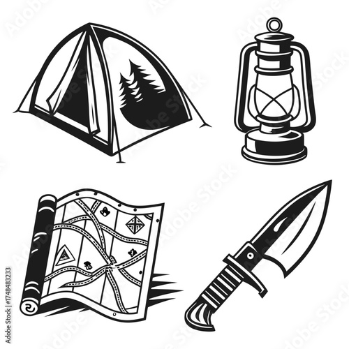 Black silhouette camping gear set vector icons tent