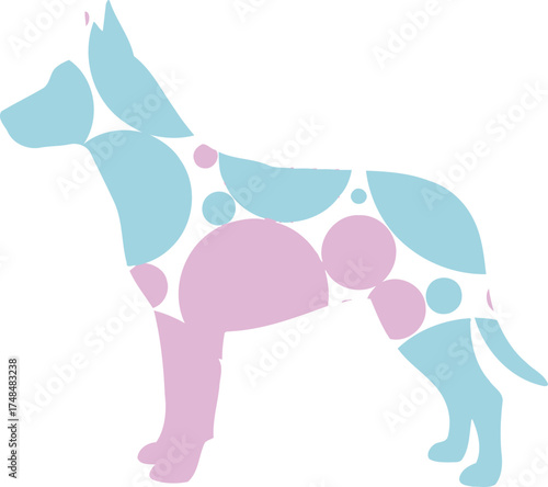Geometric dog isolated on white background, a playful design featuring a canine silhouette filled with blue and pink circles, creating a modern and eyecatching pattern