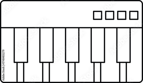 Black outline drawing of a simple keyboard with five white keys and four buttons piano music