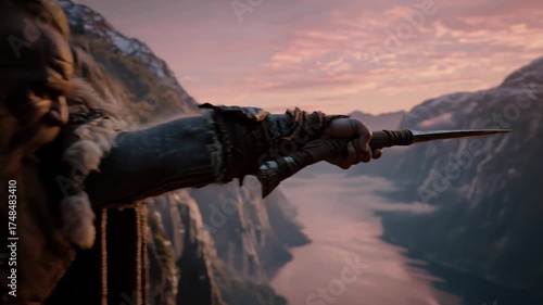 Viking leader stands on rocky cliff, pointing sword across misty fjord as dawn light breaks. Vikings determination and courage, exploration and conquest. Ancient Norse heroism and legendary journeys