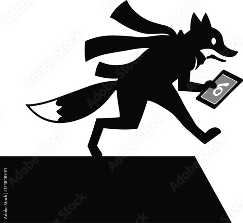 Silhouette fox running with tablet showing padlock, cartoon animal character, digital security concept, scarf motion, modern tech theme, minimal design