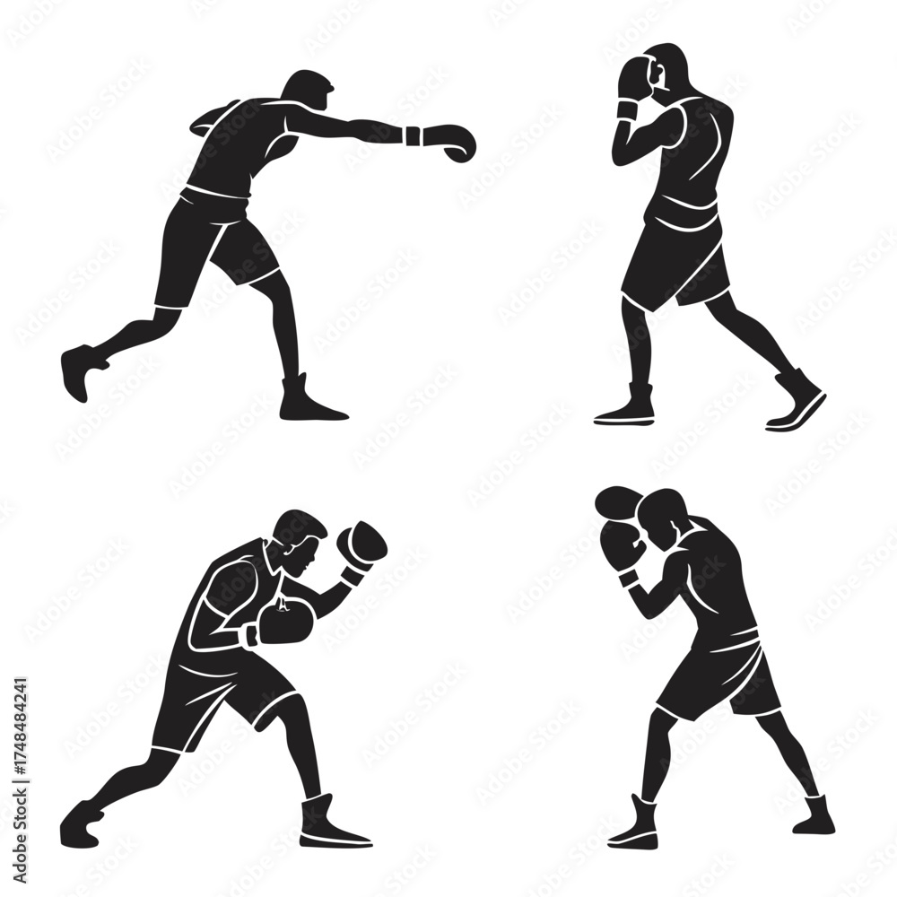 Ταπετσαρία Four black silhouette vector designs of boxers in action 2