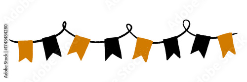 Halloween bunting flags and pennant banner garland for party holiday decor. Hand drawn black and orange rope chain. Autumn fairground streamer for spooky card design. Isolated vector illustration
