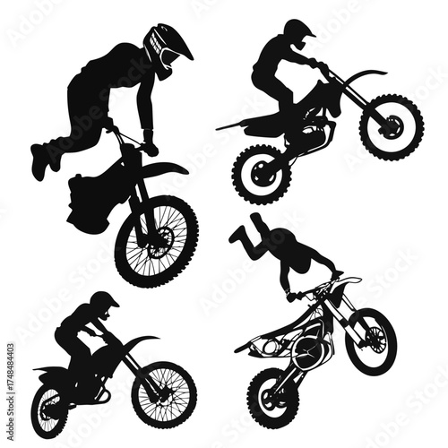 Four black silhouette vector designs of motocross bikers performing stunts