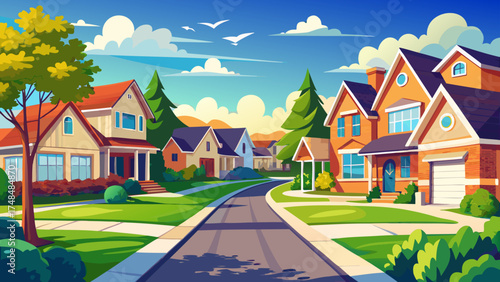 Very beautiful suburban street with bright sunny sky, neat lawns, and elegant homes, vector-style real estate illustration showcasing modern, clean neighborhood aesthetics.