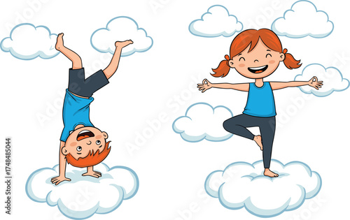 hildren doing yoga on clouds, kids in acrobatic poses, cartoon illustration, playful exercise, imaginative sky scene, fun childhood activity, balance training