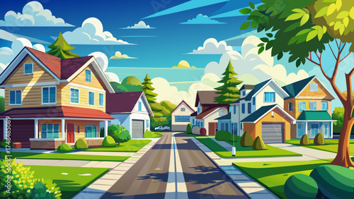 Very beautiful suburban street with bright sunny sky, neat lawns, and elegant homes, vector-style real estate illustration showcasing modern, clean neighborhood aesthetics.