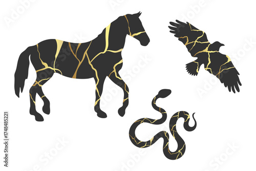 Animal silhouettes decorated with gold Kintsugi cracks. Horse, snake and crow silhouettes with golden marble. Vector illustration
